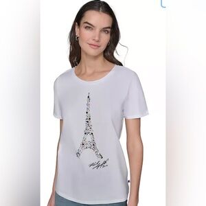 NWT KARL LAGERFELD Paris Eiffel Tower White Embellished Top Women's Size XSmall